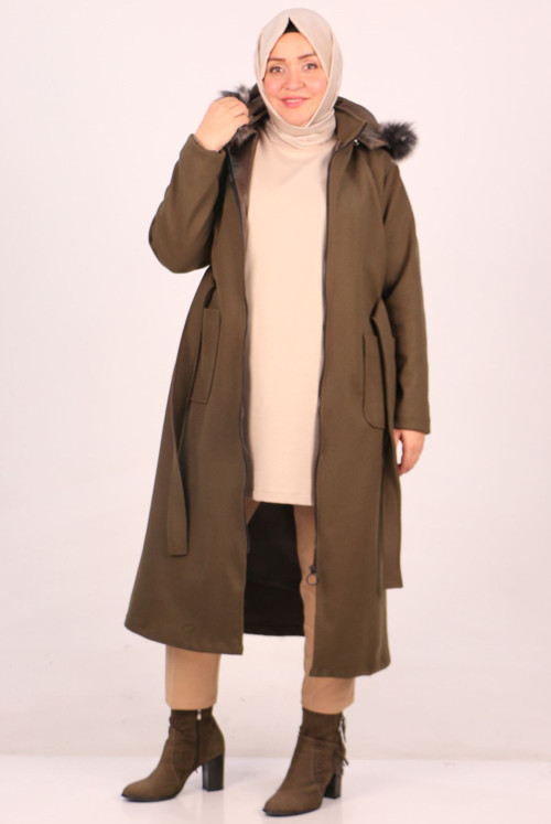 33077 Plus Size detachable Hooded Stamping fabric Coat-Khaki