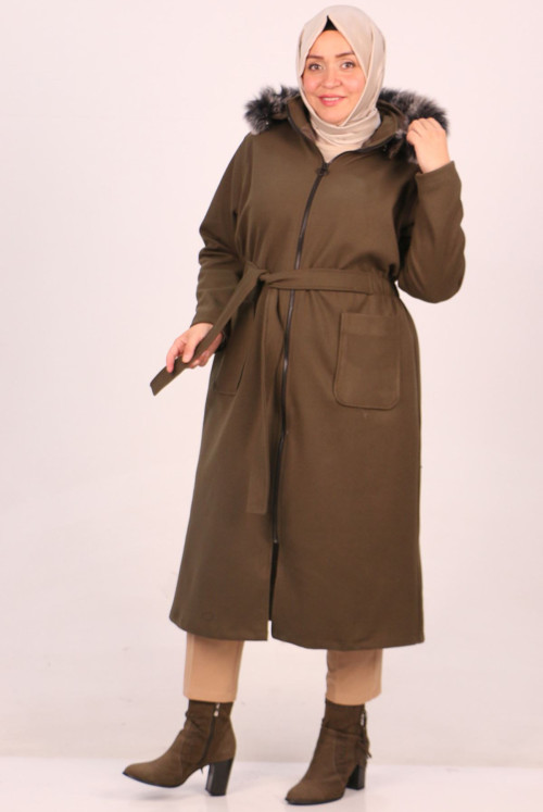 33077 Plus Size detachable Hooded Stamping fabric Coat-Khaki