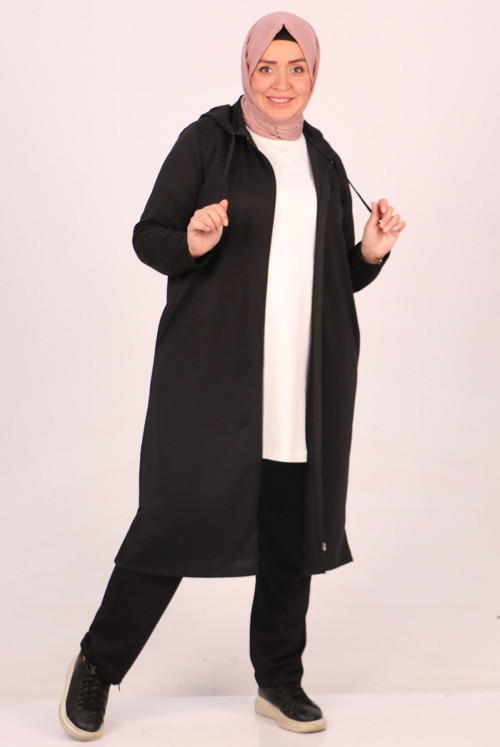 1986 Plus Size Two Yarn Netting Hooded  Track suit suit-Black