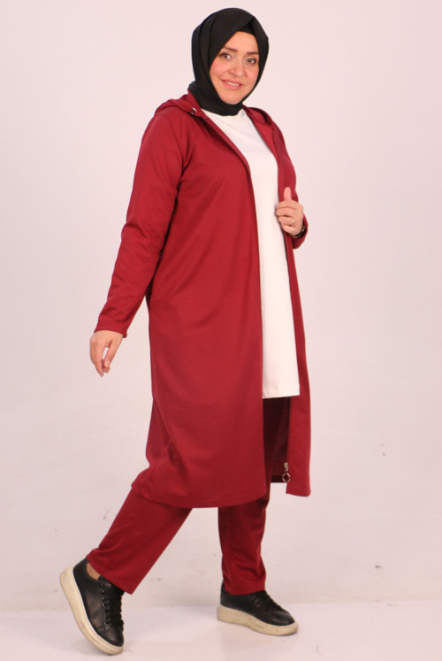 1986 Plus Size Two Yarn Netting Hooded  Track suit suit-Claret Red