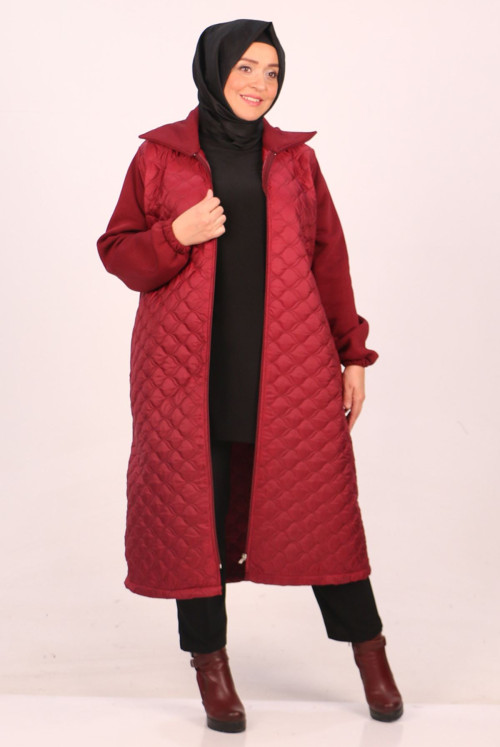 33085 Plus Size Kapitone-Three İplik Zipped Women-Jackets-Claret Red
