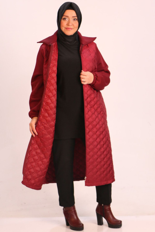 33085 Plus Size Kapitone-Three İplik Zipped Women-Jackets-Claret Red