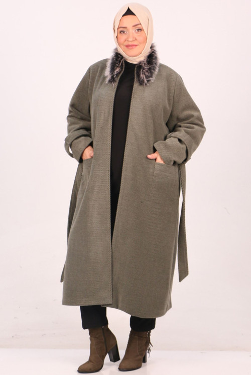 33062 Plus Size Fur Collared Lined Stamping fabric Coat-Diagonel Khaki