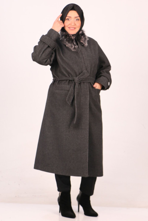 33062 Plus Size Fur Collared Lined Stamping fabric Coat - Diagonel Black