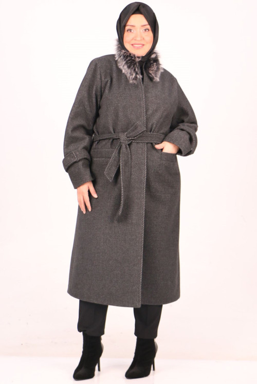 33062 Plus Size Fur Collared Lined Stamping fabric Coat - Diagonel Black