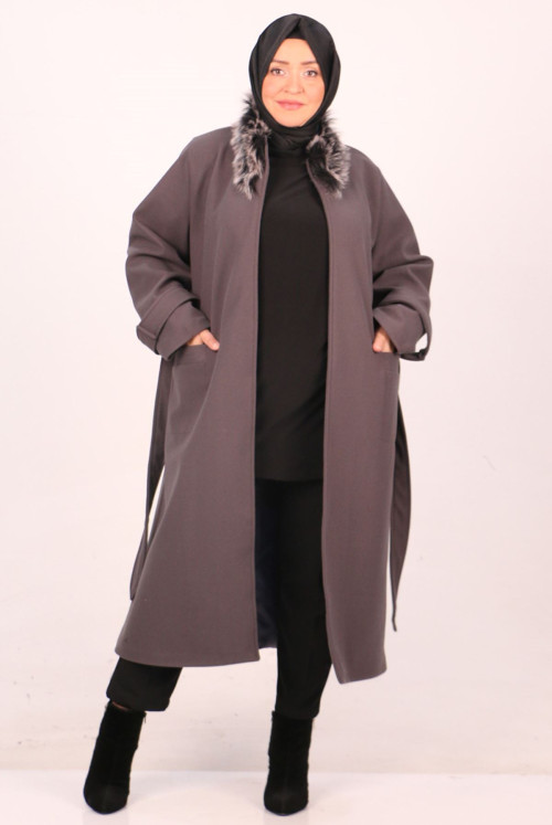 33062 Plus Size Fur Collared Lined Stamping fabric Coat - Grey