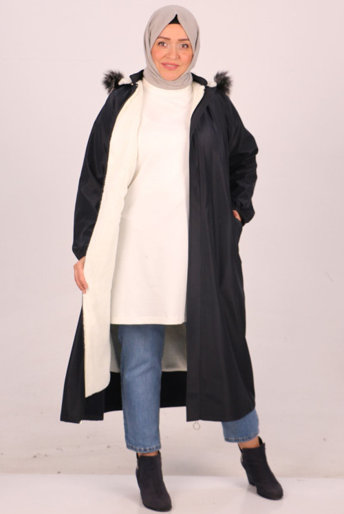 33069 Plus Size Fur Lined Bondit Women-Jackets - Navy blue