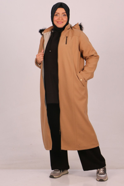 33078 Plus Size Zipped Stamping fabric Coat-Mink