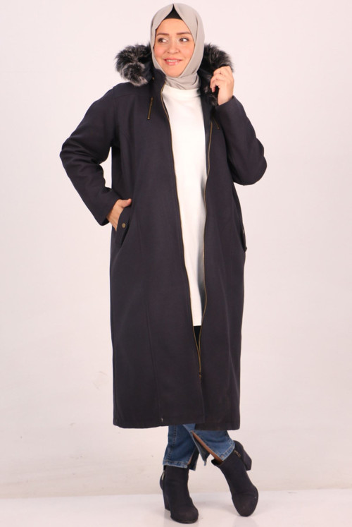 33078 Plus Size Zipped Stamping fabric Coat-Navy blue