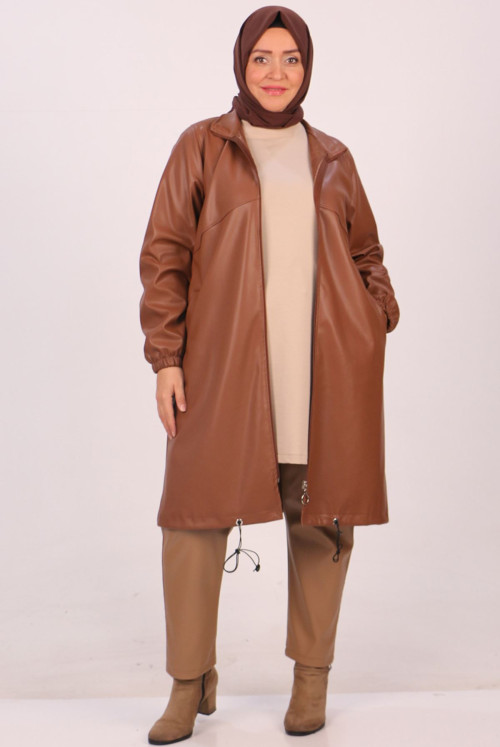 33086 Plus Size Zipped Leather Jacket-Taba