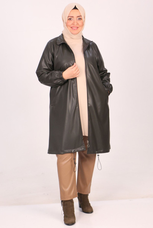 33086 Plus Size Zipped Leather Jacket-Khaki