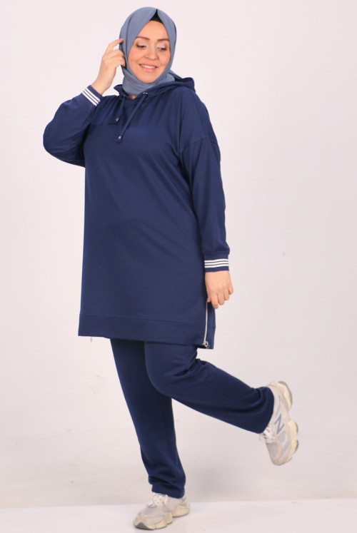 1990 Plus Size Yandan Zipped Two Yarn Netting Track suit suit-Navy blue