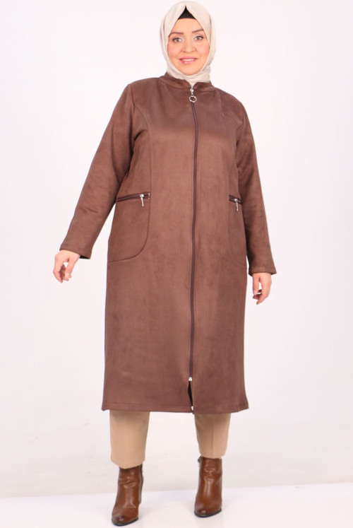 33099 Plus Size Zipper Detailed Nubuk Women-Jackets-Brown