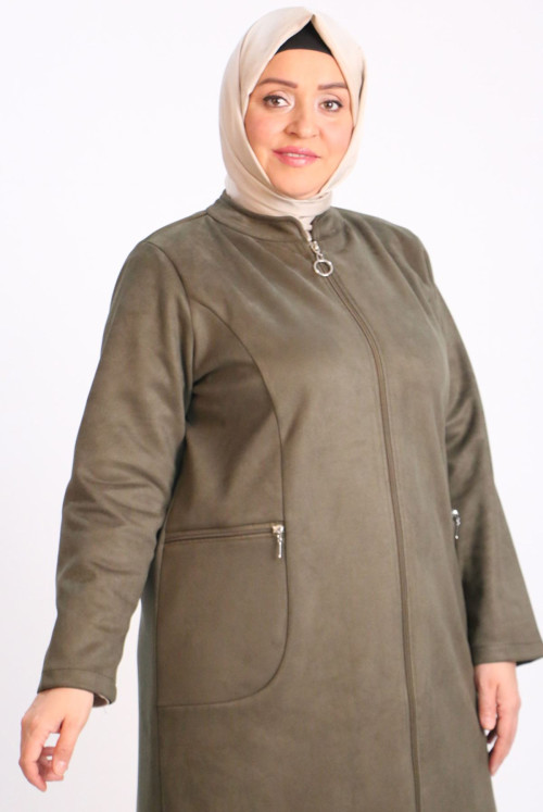 33099 Plus Size Zipper Detailed Nubuk Women-Jackets-Khaki