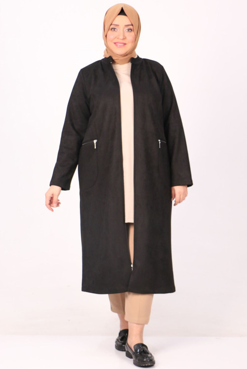 33099 Plus Size Zipper Detailed Nubuk Women-Jackets-Black