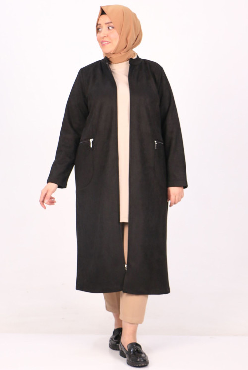 33099 Plus Size Zipper Detailed Nubuk Women-Jackets-Black