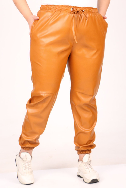 39051 Plus Size Paçası Elastic Leather Pants-Taba