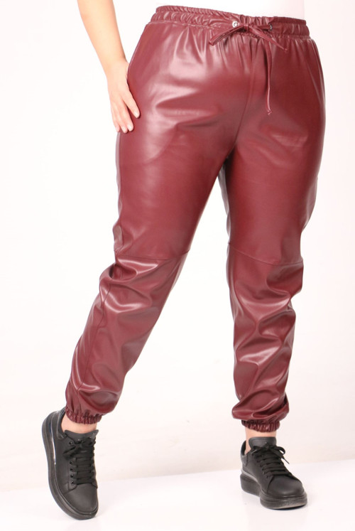 39051 Plus Size Paçası Elastic Leather Pants-Claret Red