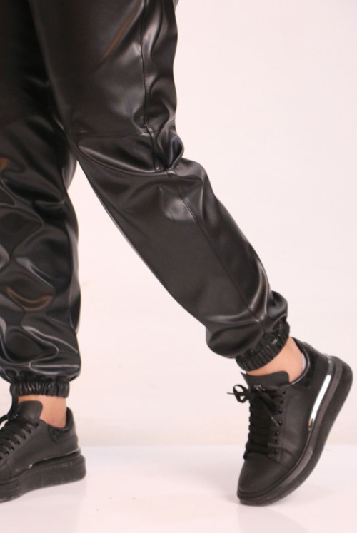 39051 Plus Size Paçası Elastic Leather Pants-Black