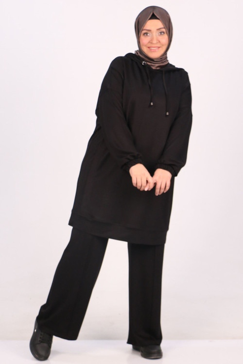 37043 Plus Size Kristal Two Yarn Netting Basic Track suit suit-Black