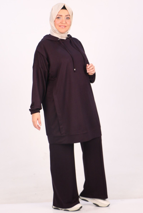 37043 Plus Size Kristal Two Yarn Netting Basic Track suit suit-Damson