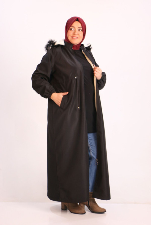 36011 Plus Size Bondit Inside Furry Abayas-Black