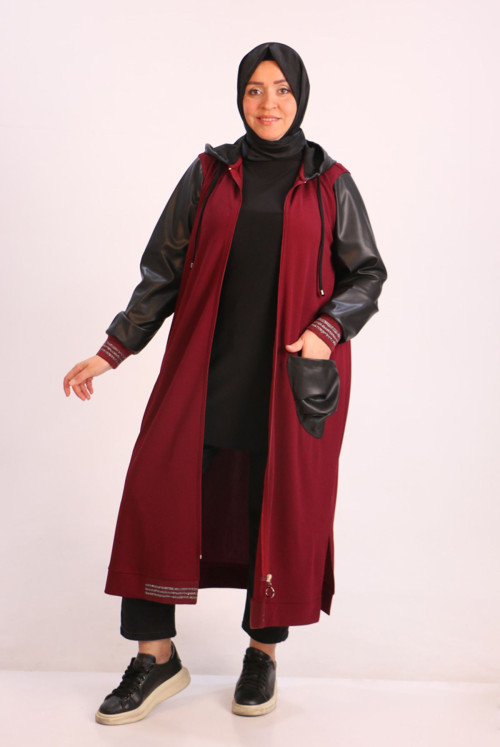 33100 Plus Size Leather Detailed Hooded SCUBA Women-Jackets-Claret Red