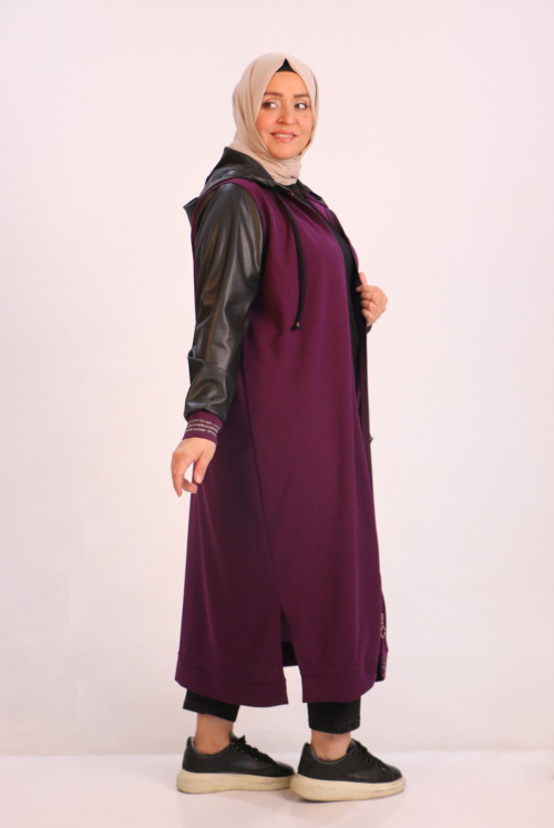 33100 Plus Size Leather Detailed Hooded SCUBA Women-Jackets-Purple