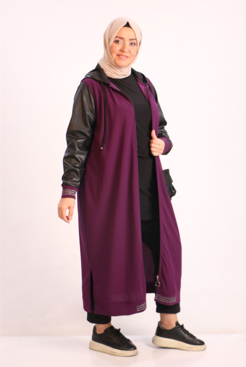 33100 Plus Size Leather Detailed Hooded SCUBA Women-Jackets-Purple