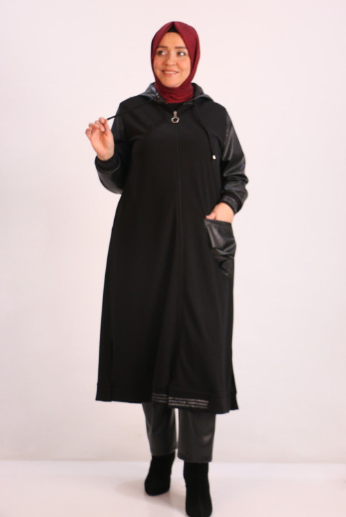 33100 Plus Size Leather Detailed Hooded SCUBA Women-Jackets-Black