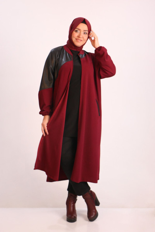 33098 Plus Size Leather Topped SCUBA Women-Jackets - Claret Red