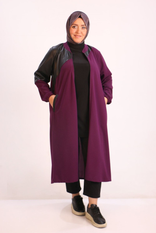33098 Plus Size Leather Topped SCUBA Women-Jackets -Purple