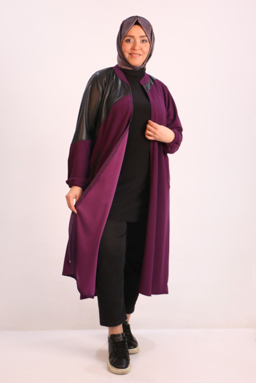 33098 Plus Size Leather Topped SCUBA Women-Jackets -Purple