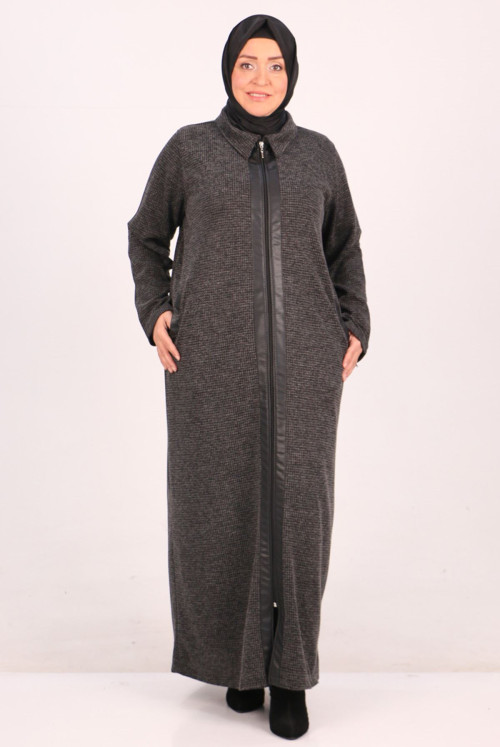 36012 Plus Size Leather Detailed Petek Knitwear Abayas-Black