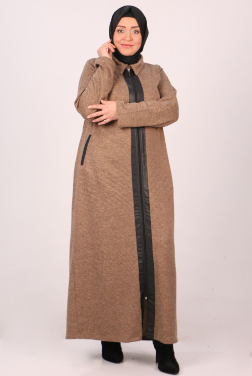 36012 Plus Size Leather Detailed Petek Knitwear Abayas-Mink
