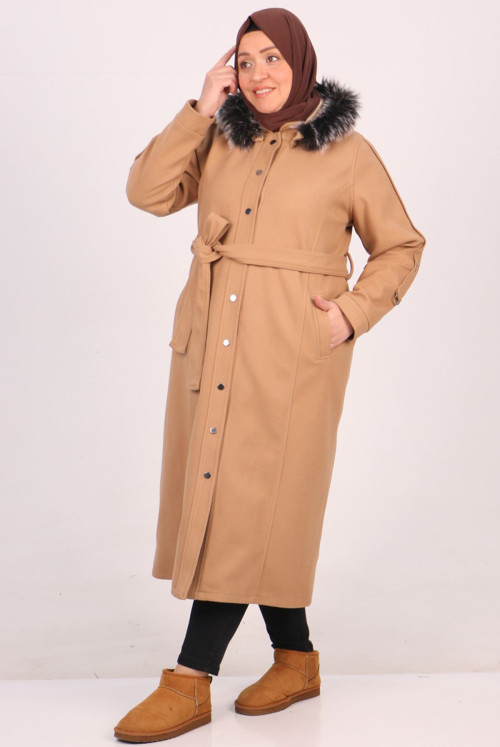 33089 Plus Size Snap Stamping fabric Coat-Mink