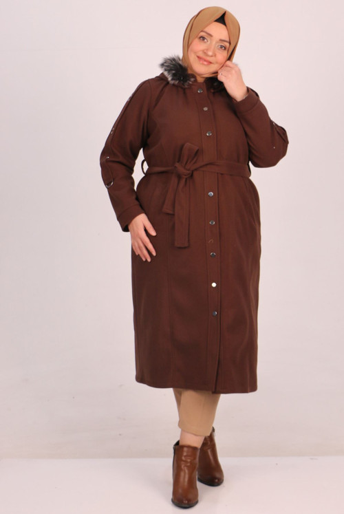 33089 Plus Size Snap Stamping fabric Coat-Brown