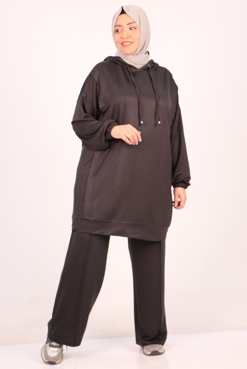37043 Plus Size Kristal Two Yarn Netting Basic Track suit suit-Antrasit