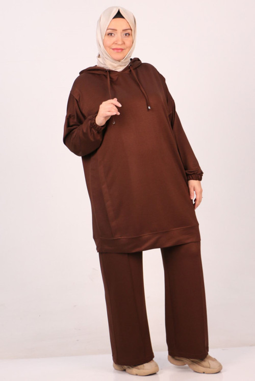 37043 Plus Size Kristal Two Yarn Netting Basic Track suit suit-Brown