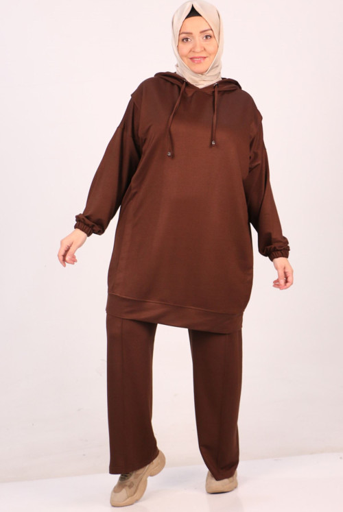 37043 Plus Size Kristal Two Yarn Netting Basic Track suit suit-Brown