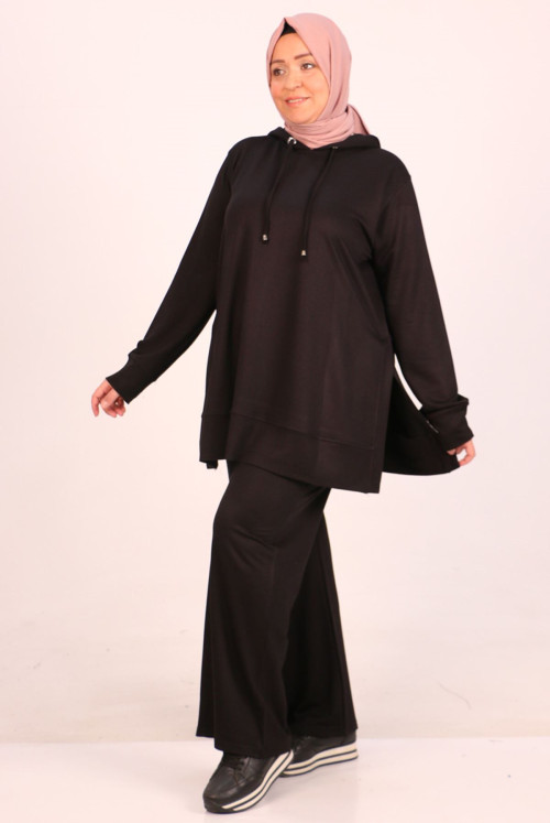 1989 Plus Size Hooded Two Yarn Netting Pantolonlu Suit-Black