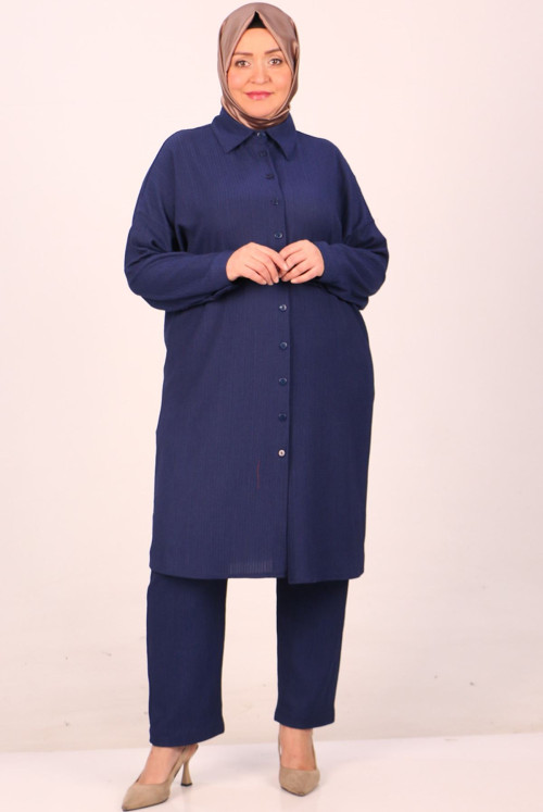 47005 Plus Size Bürümcük Pantolonlu Suit -  Navy blue