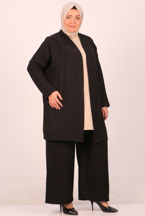 47201 Plus Size Airobin Kimono Pantolonlu Suit - Black