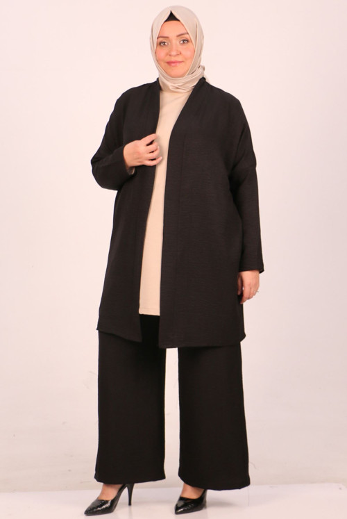 47201 Plus Size Airobin Kimono Pantolonlu Suit - Black