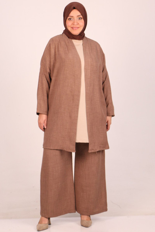 47201 Plus Size Airobin Kimono Pantolonlu Suit - Mink
