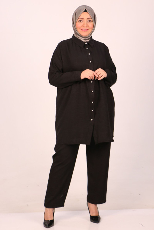 47002 Plus Size Shir Detailed Linen Airobin Pantolonlu Suit-Black