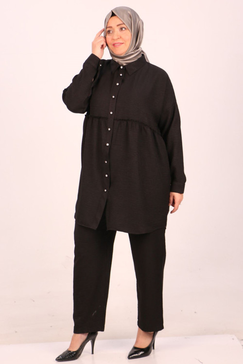 47002 Plus Size Shir Detailed Linen Airobin Pantolonlu Suit-Black