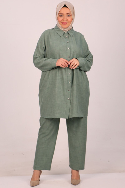 47002 Plus Size Shir Detailed Linen Airobin Pantolonlu Suit-Nefti