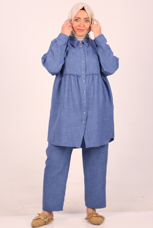 47002 Plus Size Shir Detailed Linen Airobin Pantolonlu Suit-İndigo