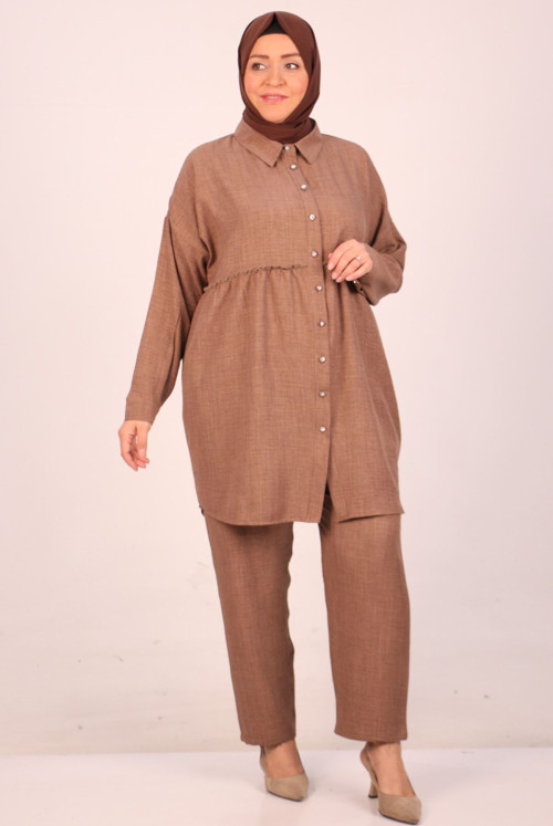 47002 Plus Size Shir Detailed Linen Airobin Pantolonlu Suit-Mink